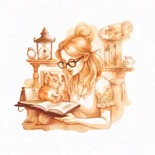 A Black And White Tattoo Of A Teacher Reading A Book Surrounded By Alice In Wonderland Characters