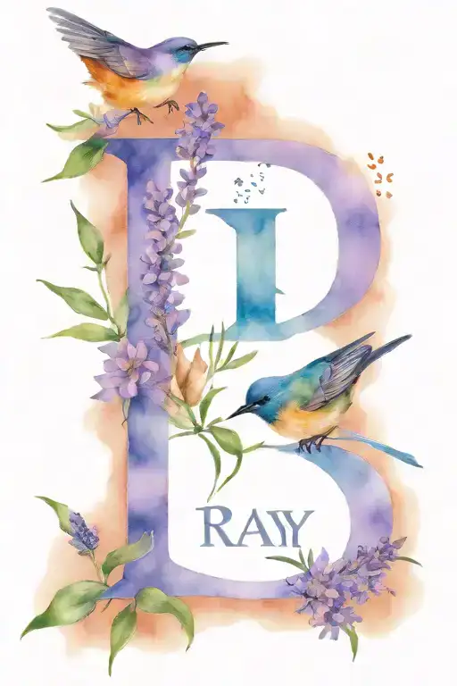 Word 'Ray' With Lavender Sprigs Birds Sitting