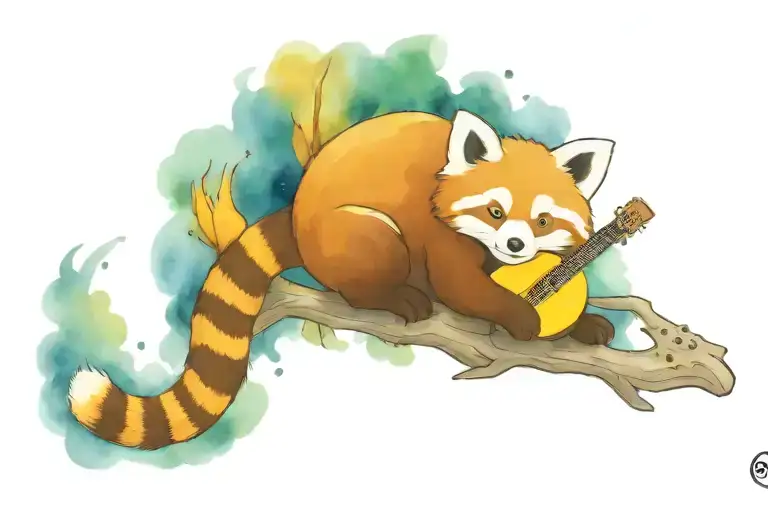 Red Panda Playing Guitar At A Campfire