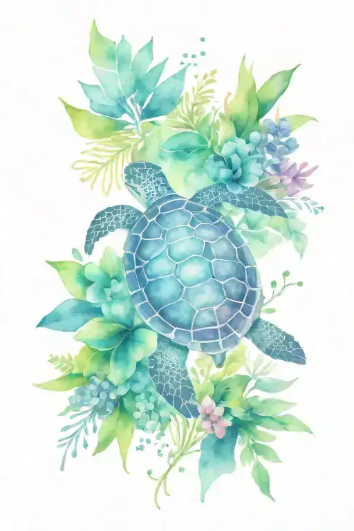 Sea Turtle Surrounded By Foliage And Flowers Growing