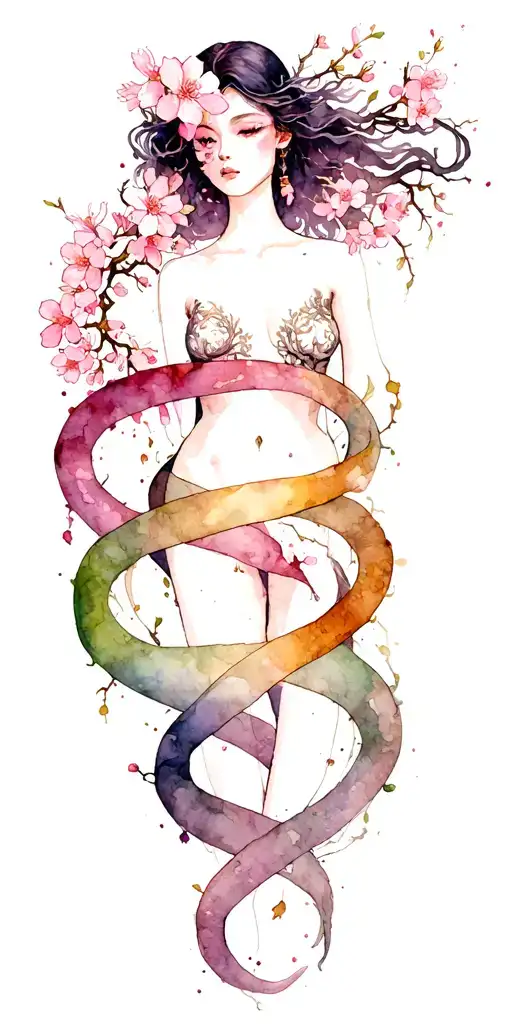 Cherry Blossom Long Vine Wrapped Loosely In Helix Merging Around Sensual Warrior Woman
