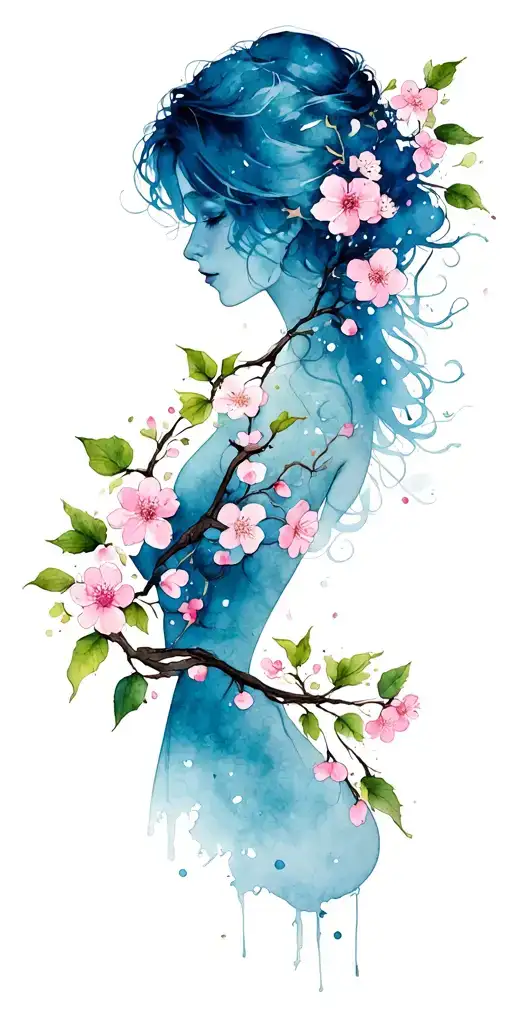 Thin Line Cherry Blossom Vine With Small Flowers Intertwined With Sensual Woman Silhouette