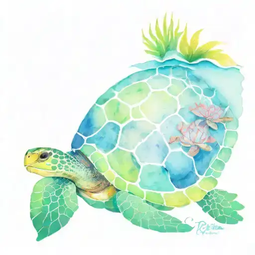 Seaturtle With Reef And Beach Scene Inside Its Shell