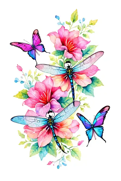 Unique Dragonflies And Butterflies Intertwined With Trailing Belladonna And Oleander Flowers