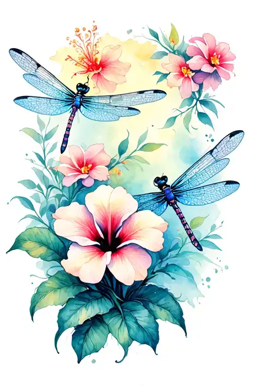 Dragonflies And Hibiscus Flowers Growing
