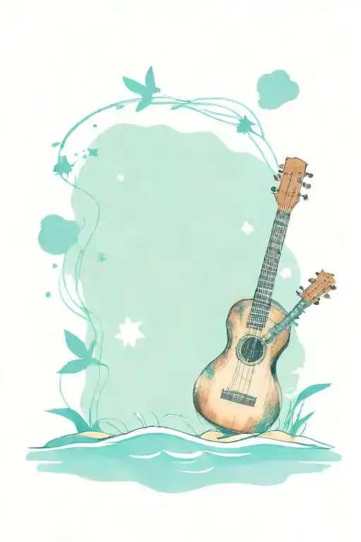 A Sketch Style Tattoo Of Lilo Playing A Ukulele On A Beach With Music Notes Floating In The Air