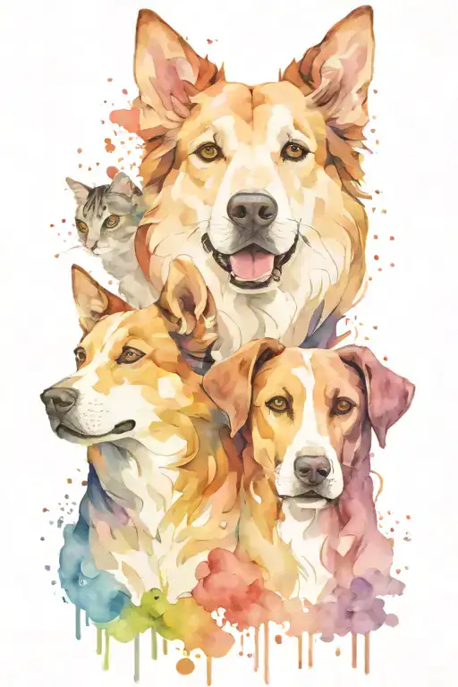 Face Of A Dog With Silhouettes Of 2 Dogs And 3 Cats