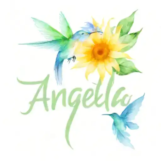 Angela Name Written With Sunflower And Hummingbird Pastel Color