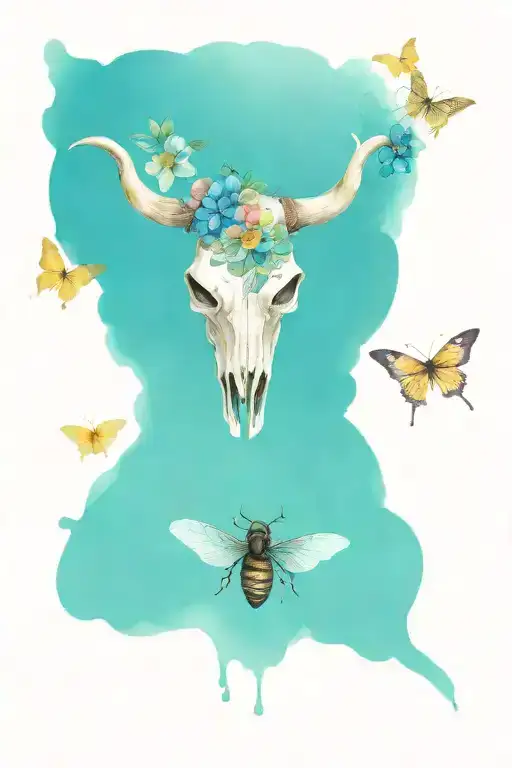 Bull Skull With Flower Bee And Butterflies Surrounding