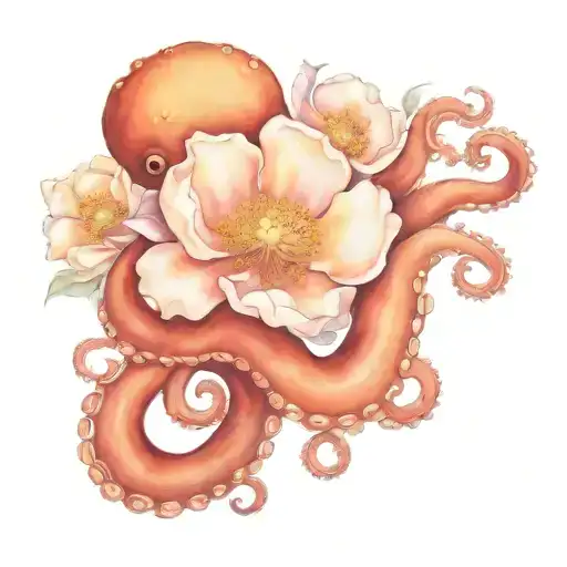 Octopus Peeking Over With Peony Flower Bouquet