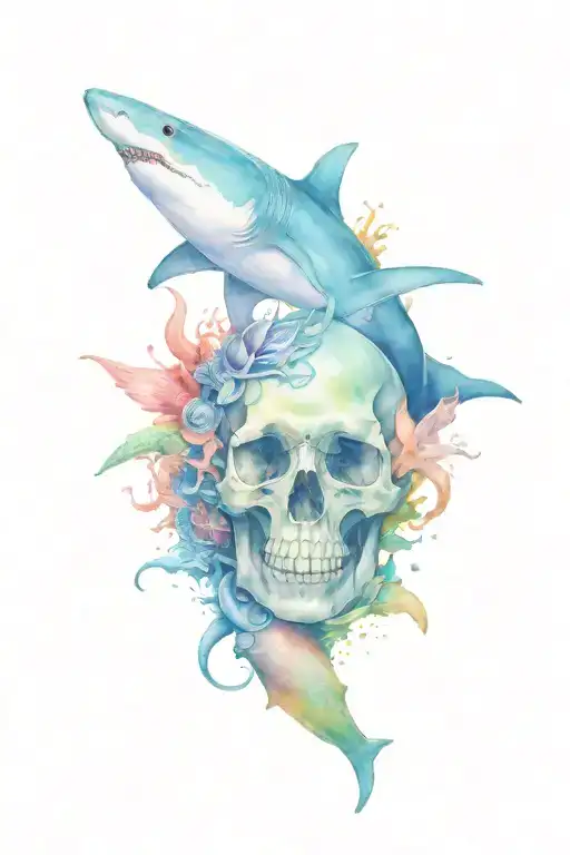 Shark Skull With Goth Mermaid And Turtle And Other Sea Creatures With Skulls Somehow Mixed In