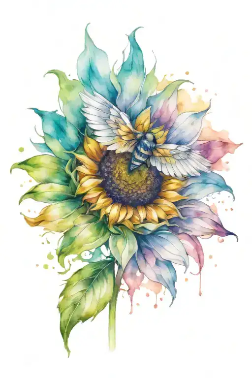 Single Sunflower Watercolor Tattoo With One Falling Angel-wing