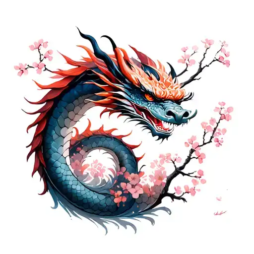 Japanese Dragon With Cherry Tree And Blossoms Made In Blackwork