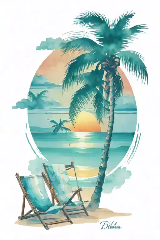 Sunset Beach Scene With One Palm Tree And Two Beach Chairs