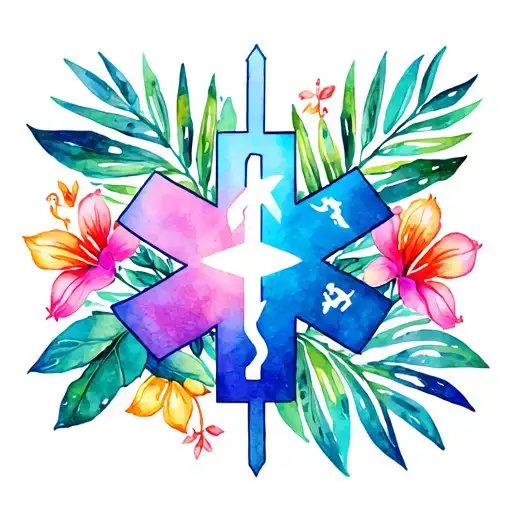 Bright Tropical Flowers And Leaves With Ems Star Of Life In Center