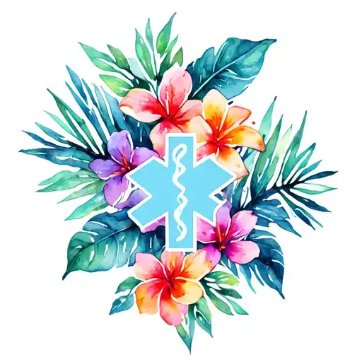 Hawaiian Tropical Flowers And Leaves With Ems Star Of Life In Center