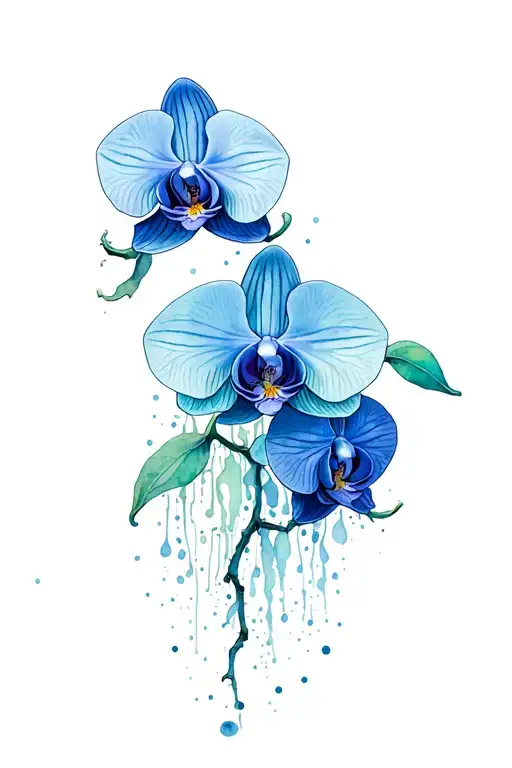 I Big Orchid Inbetween 2 Smaller Water Fkowers With Roots Hanging In Blue And Freen And Blacki