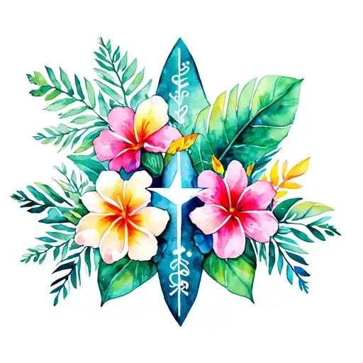 Bright Tropical Flowers And Leaves With Ems Star Of Life In Center
