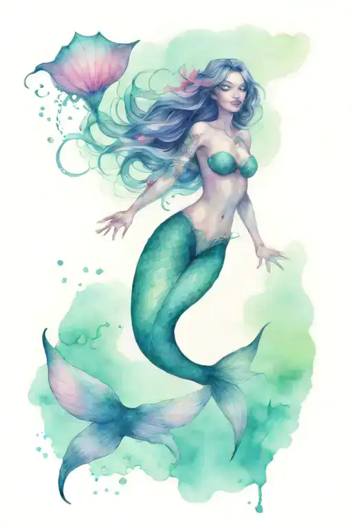 Mermaid And Manta Ray Gracefully Swimming