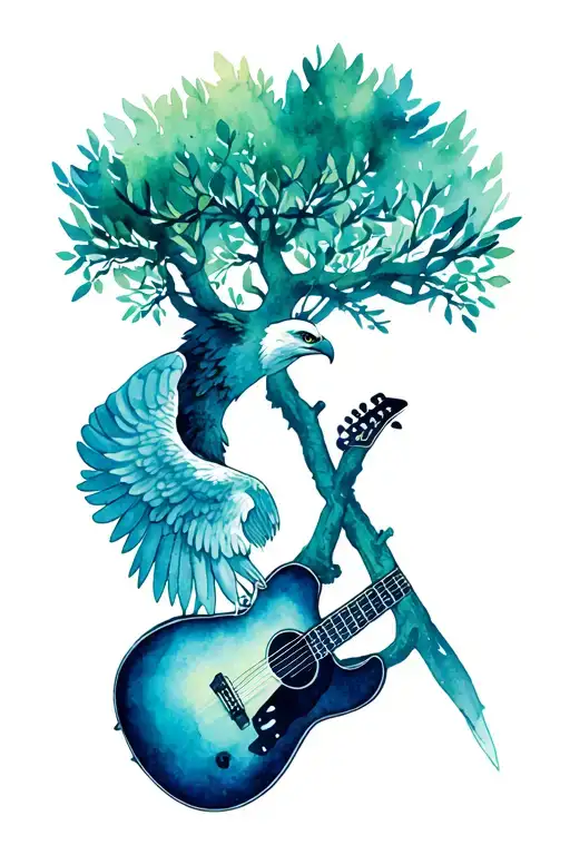 Full Olive Tree With Eagle Wings And Guitar Intertwined