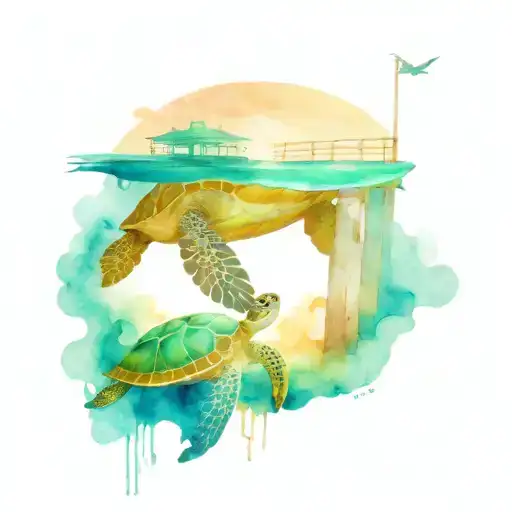 A Half Underwater Scene With A Sea Turtle And A Pier In The Background