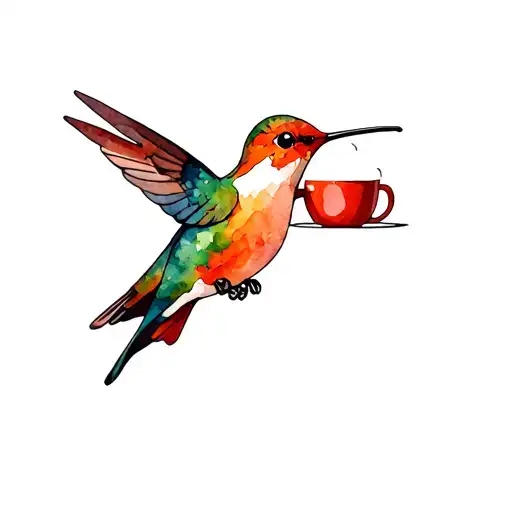 A Red Coffee Mug With A Orange Humming Bird Sitting Drinking Coffe