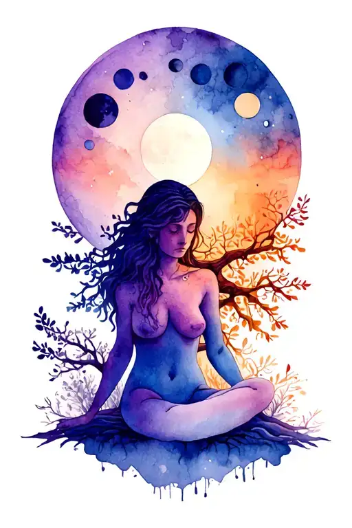 Sitting Gaia In Front Of The Tree Of Life With Moon Phases