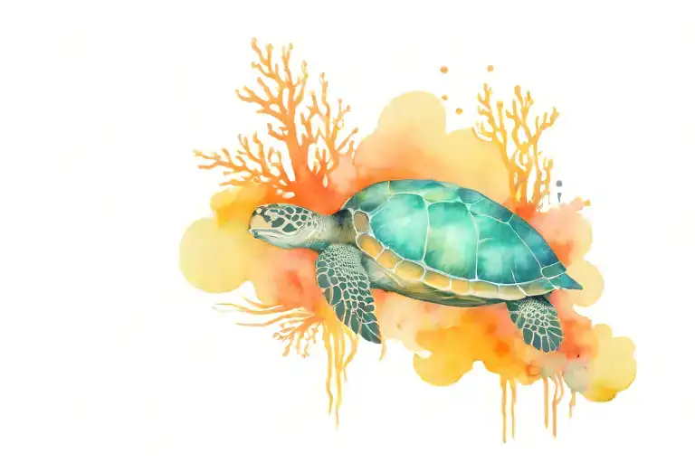 Underwater Scene With Coral Colorful With A Sea Turtle Swimming And A Pier In The Background