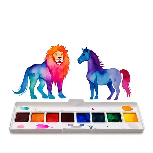 An Artist's Palette With A Lion And Horse Painted In Vibrant Colors