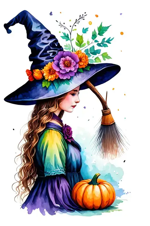 Floral Witch Hat With Broom And Pumpkin
