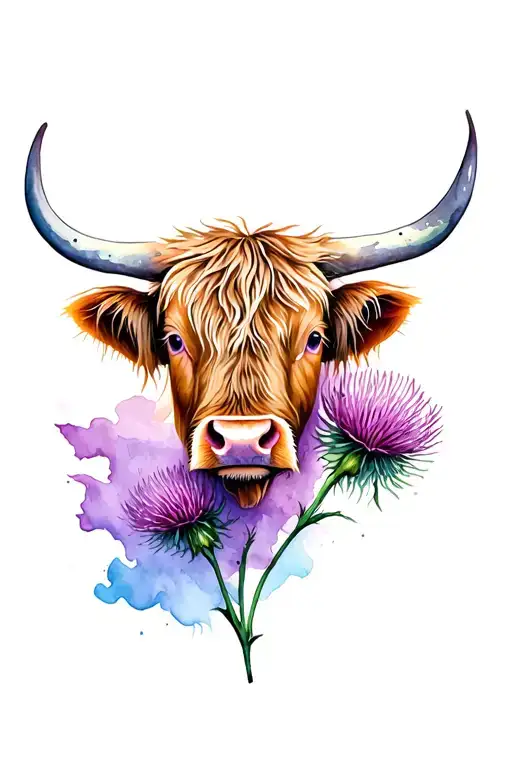 Highland Cow Face And Thistle Flower