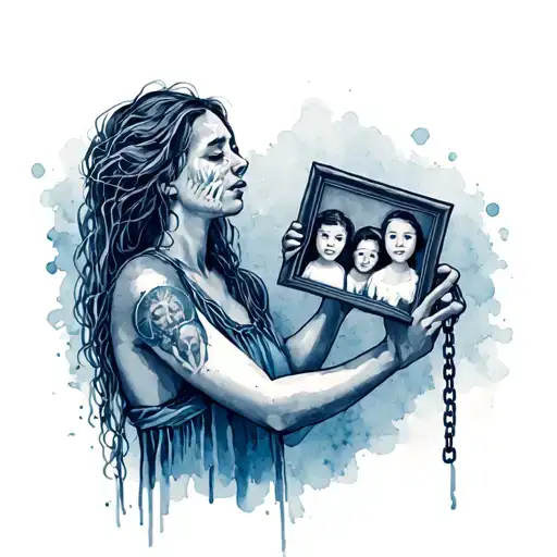 Chains With Vines Restraining A Woman Crying And She's Holding A Picture Of Her Kids