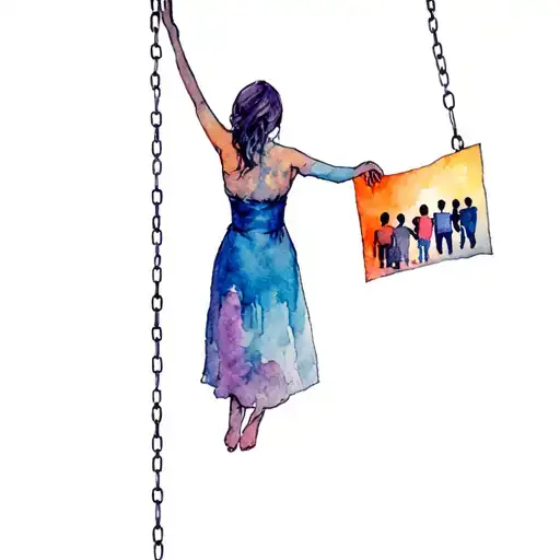 Woman Chained Hanging From The Air With A Torn Picture Of Her Kids In Her Hand