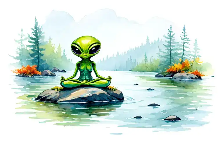 Cute Little Green Alien Meditating On A Rock In The Shallow Part Of A River During Autumn