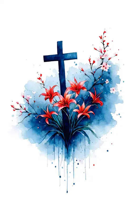The Cross With Red Spider Lilies And Cherry Blossoms In The Breeze