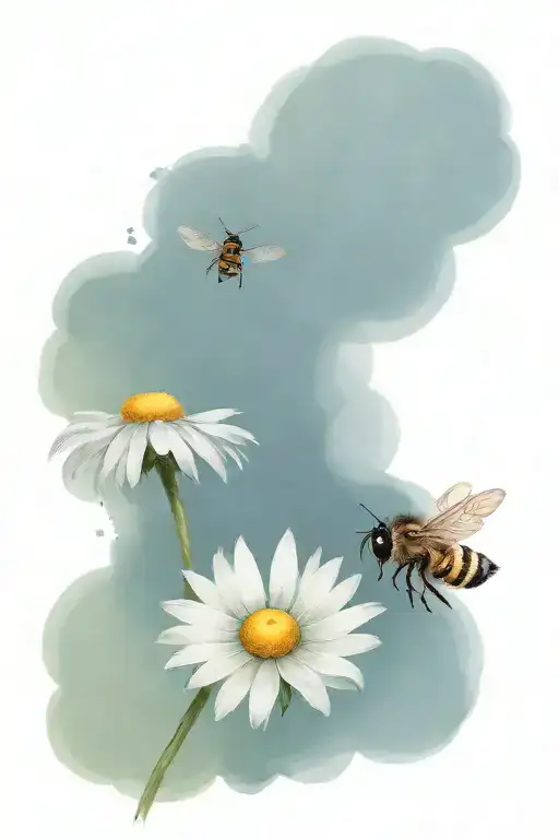 Daisy Flower And Bee Flying
