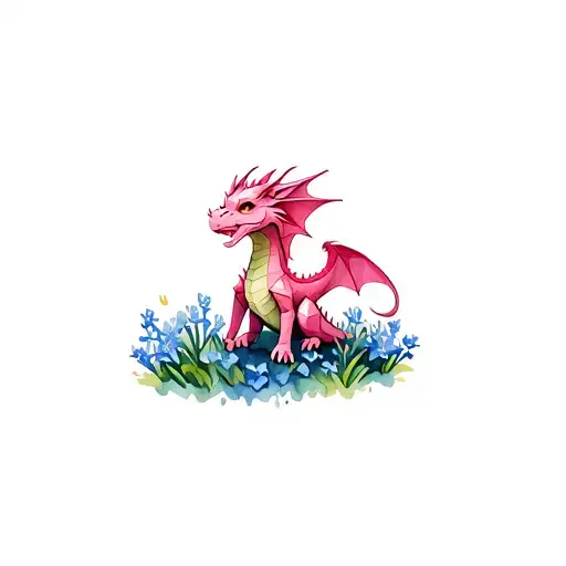 Cute Pink Faere Dragon Sitting On Bluebells Geometric