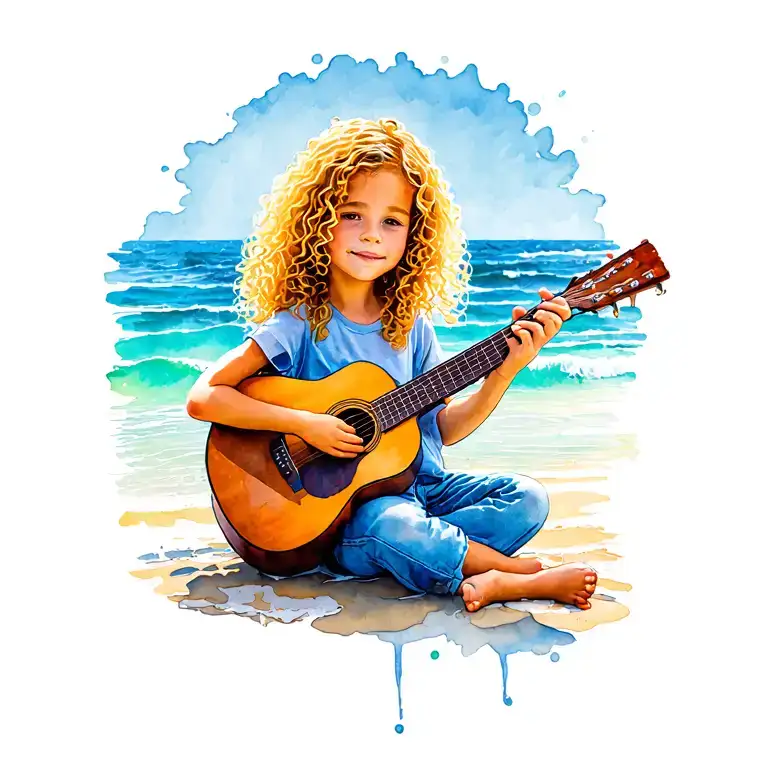 5 Year Old Curly Blonde Haired Girlsitting On The Beach Playing Acoustic Guitar