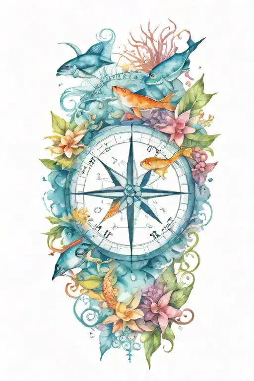 Compass With Ocean Reatures Including Tropical Fish And Coral Reefs