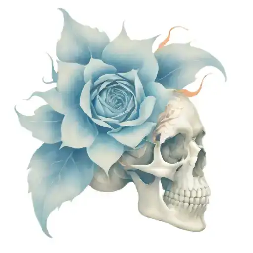Sunflower And A Rose Growing Out Of A Skull