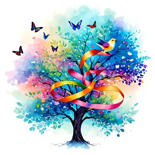 Tree With Birds And Butterflies Carrying Colorful Ribbons