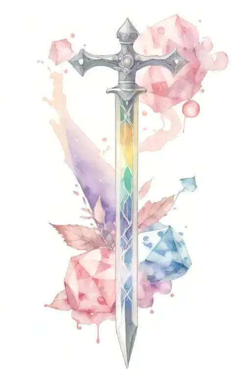 Watercolor Master Sword With Polyhedral Dice For The Blade