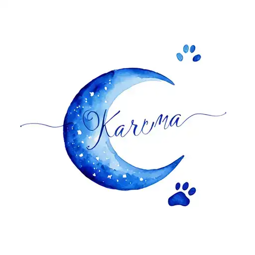 A Blue Crescent Moon With Karma In Elegant Script And A Small Paw Print Next To It
