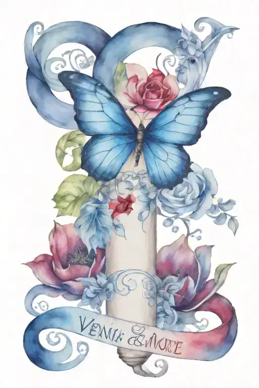 Scroll With A Blue Butterfly And A Red Cardinal Saying Venni Vedi Vici Amore