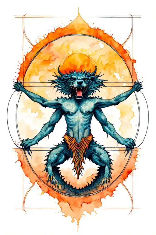 Vitruvian Man Dog Tribal Dragon Emerging