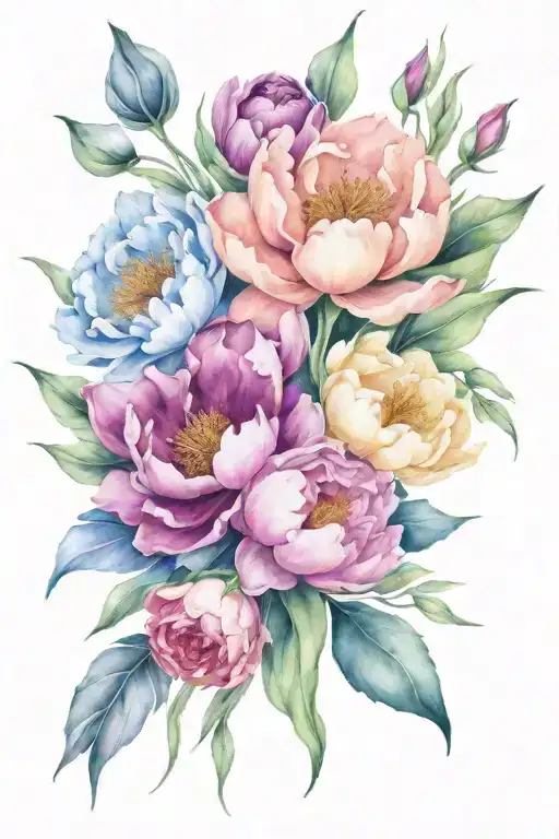 Violet Lily Rose Peony Bouquet Fine Line