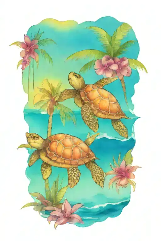 Turtle Sunset Palm Tree Ocean Scene