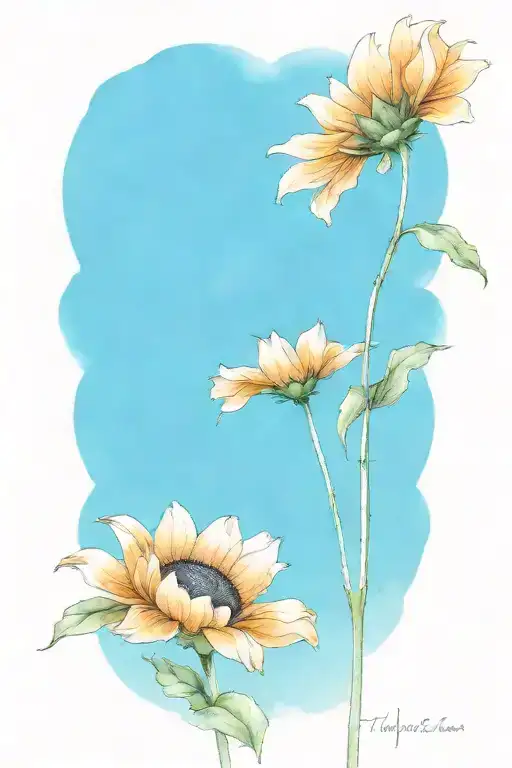 Orange Poppy And A Sunflower Under Sky With Sunshine