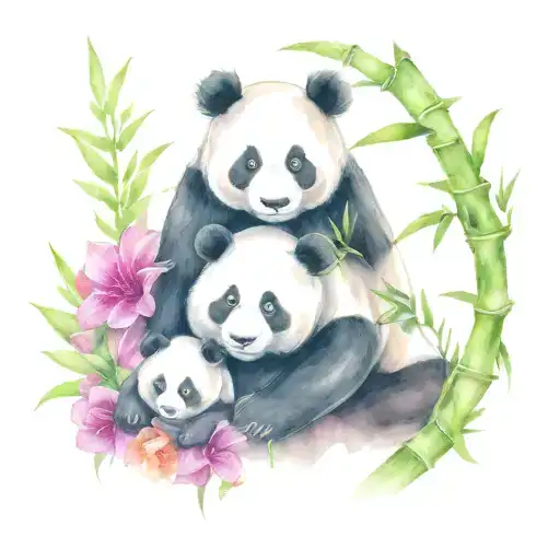 Panda With Two Cubs In Bamboo
