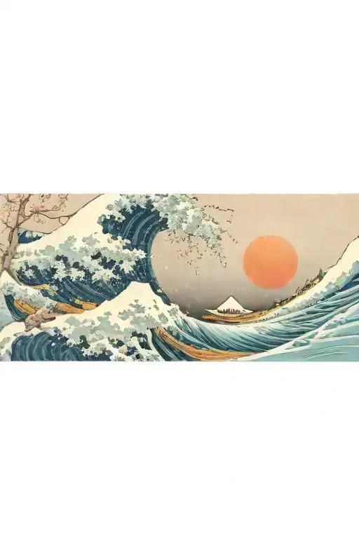 Cherry Blossoms Wrapping Around The Great Wave Off Kanagawa Against The Night Sky